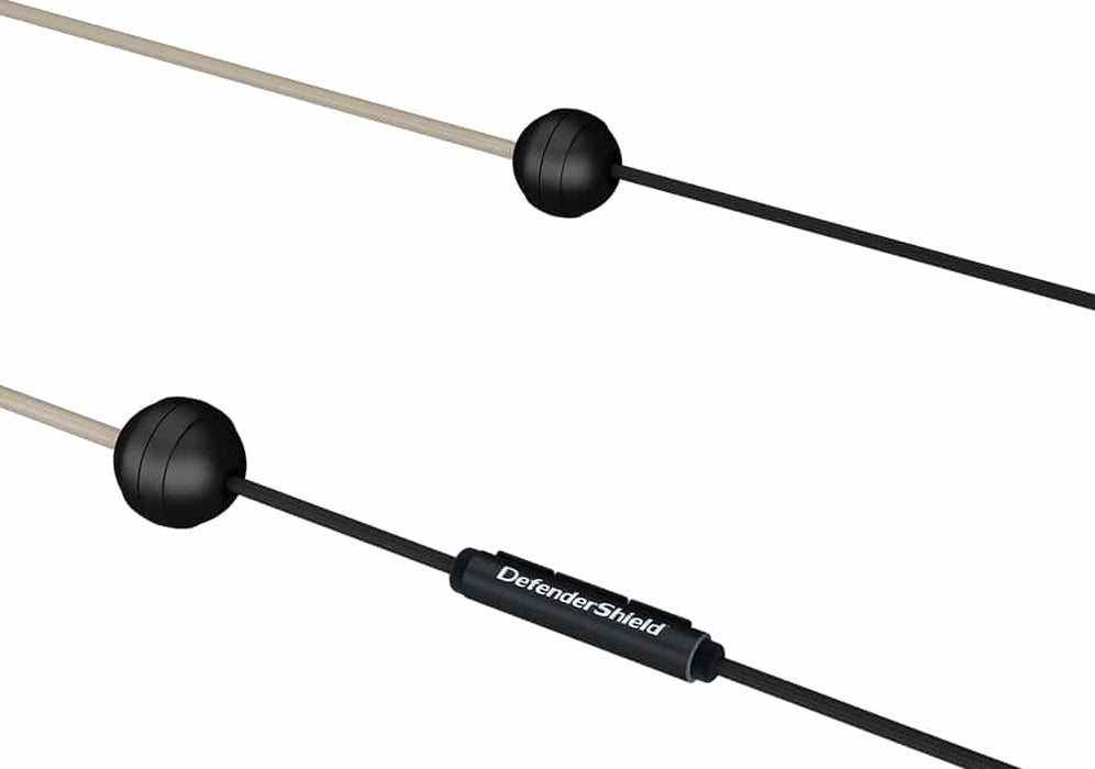 Air-Tube Headphones close up showing mic and button on cable