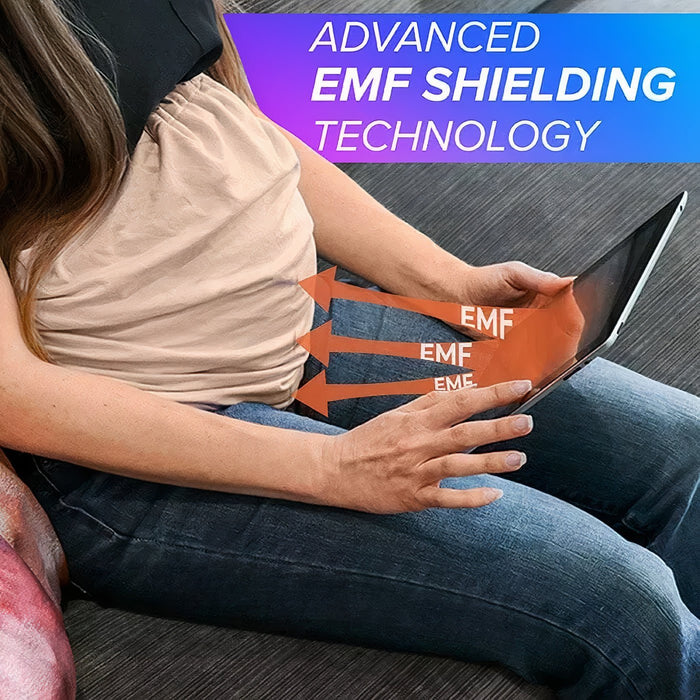 EMF Belly Band worn whilst women working on laptop