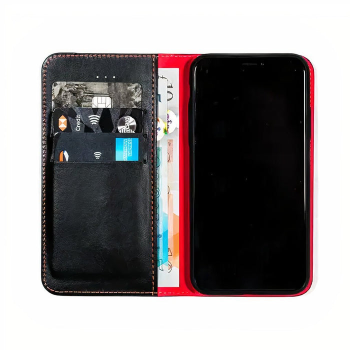 red colour EMF Phone Case open with cards and phone in it
