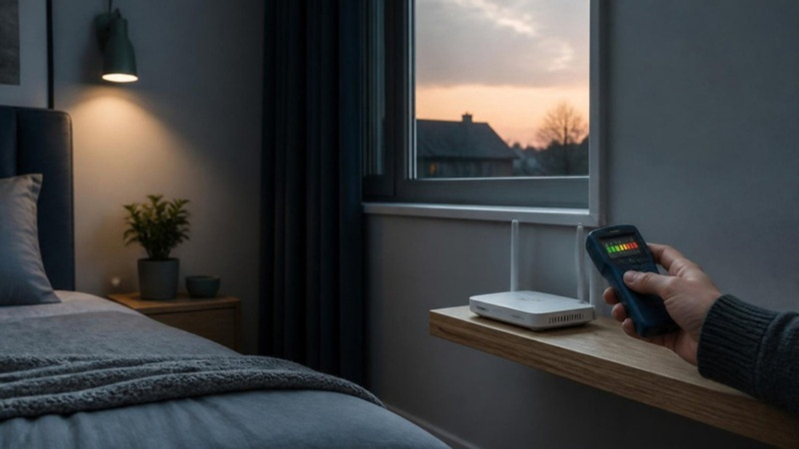 How to reduce EMF exposure at home: measuring a Wi-Fi router with an RF meter in a UK bedroom
