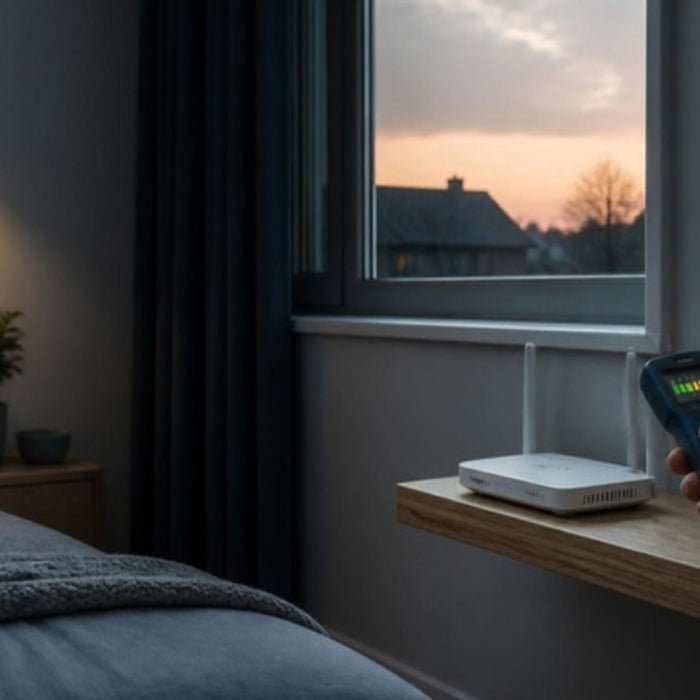 How to reduce EMF exposure at home: measuring a Wi-Fi router with an RF meter in a UK bedroom
