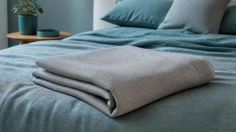 EMF blanket with silver Faraday shielding fabric folded on a bed