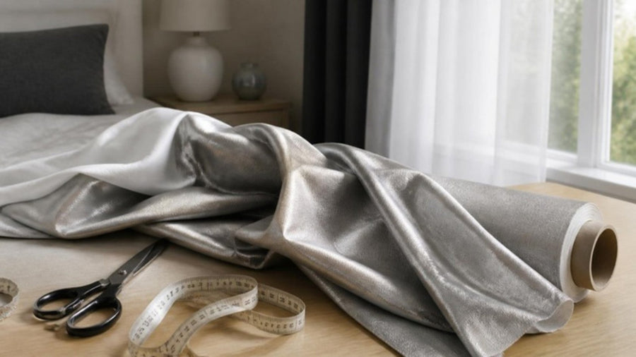 Roll of silver EMF shielding fabric on a sewing table beside a bedroom window with sheer curtains