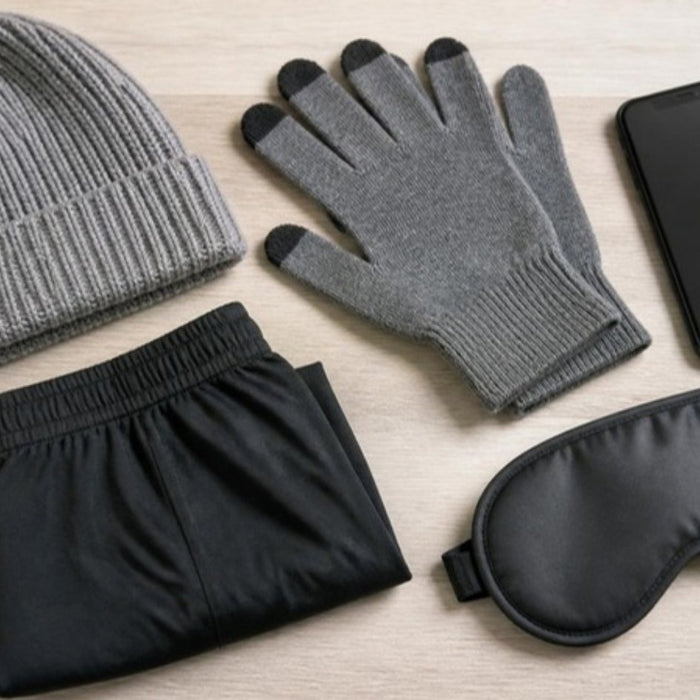 Flat lay of EMF protection clothing: shielding beanie, touchscreen gloves, shorts and sleep mask beside a smartphone