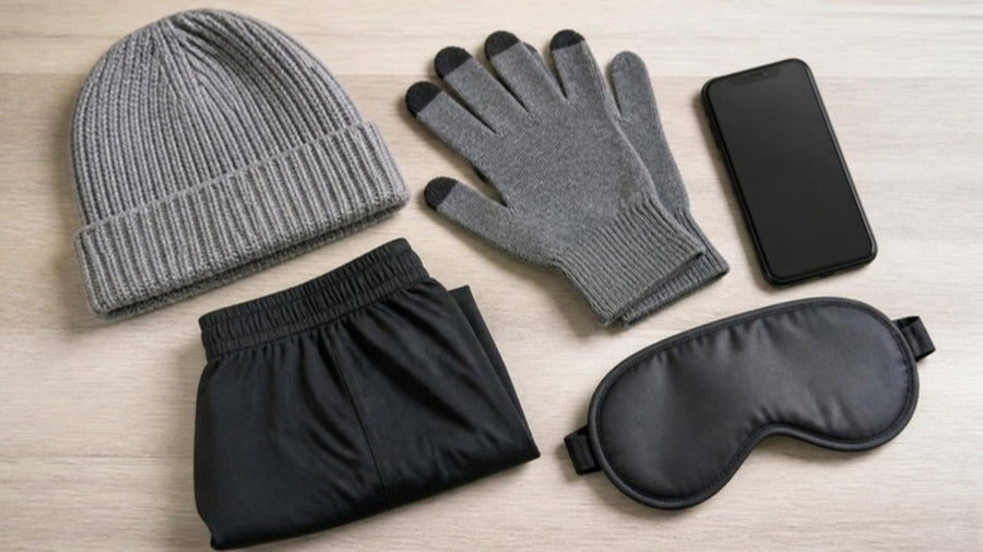 Flat lay of EMF protection clothing: shielding beanie, touchscreen gloves, shorts and sleep mask beside a smartphone