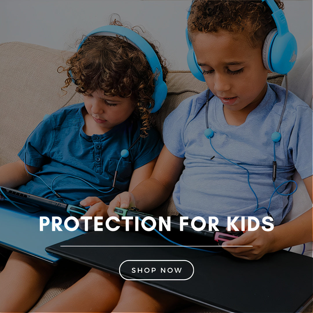 two kids listening to defendershield headphones being protected from radiation
