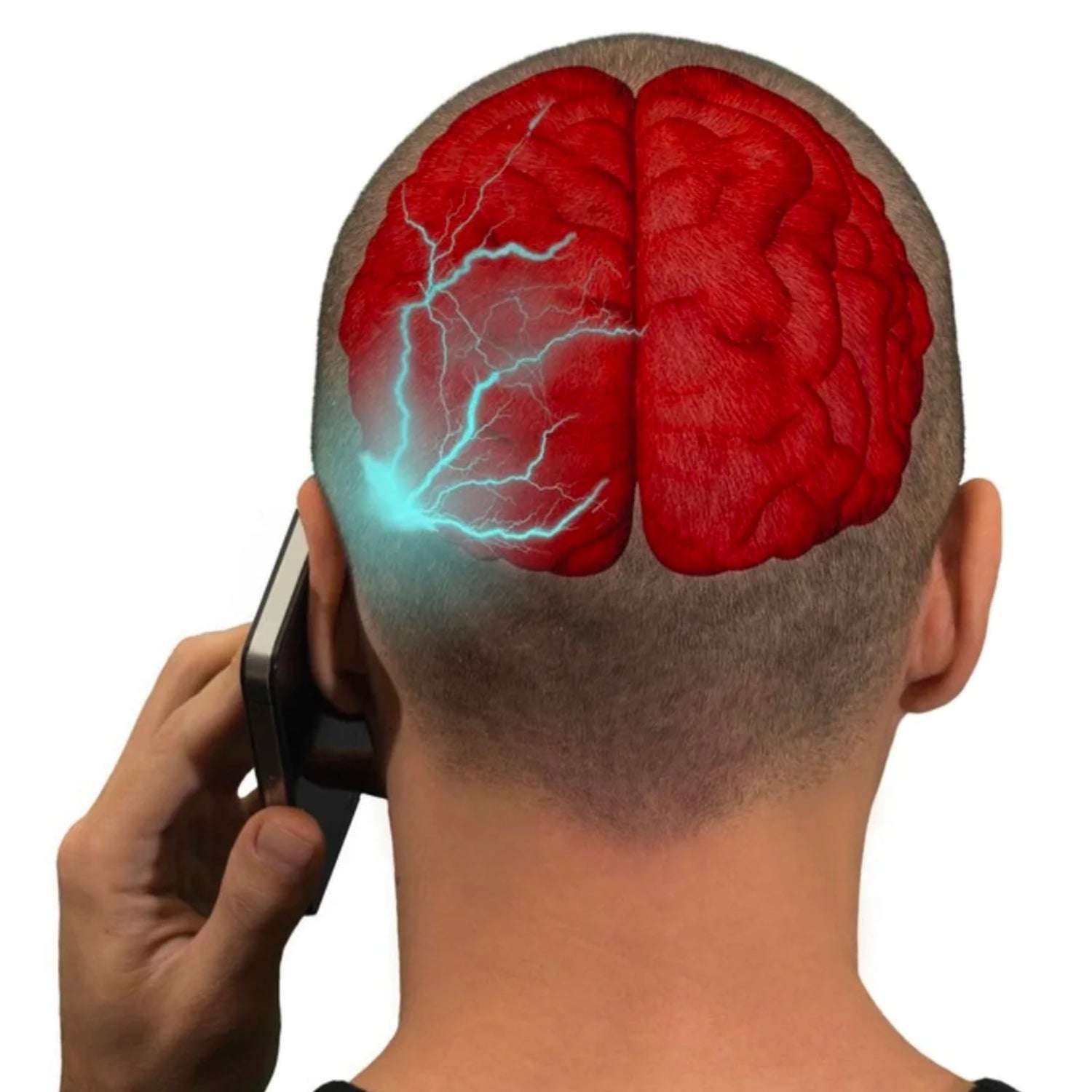 someone holding a phone to their head and radiation going through their brain