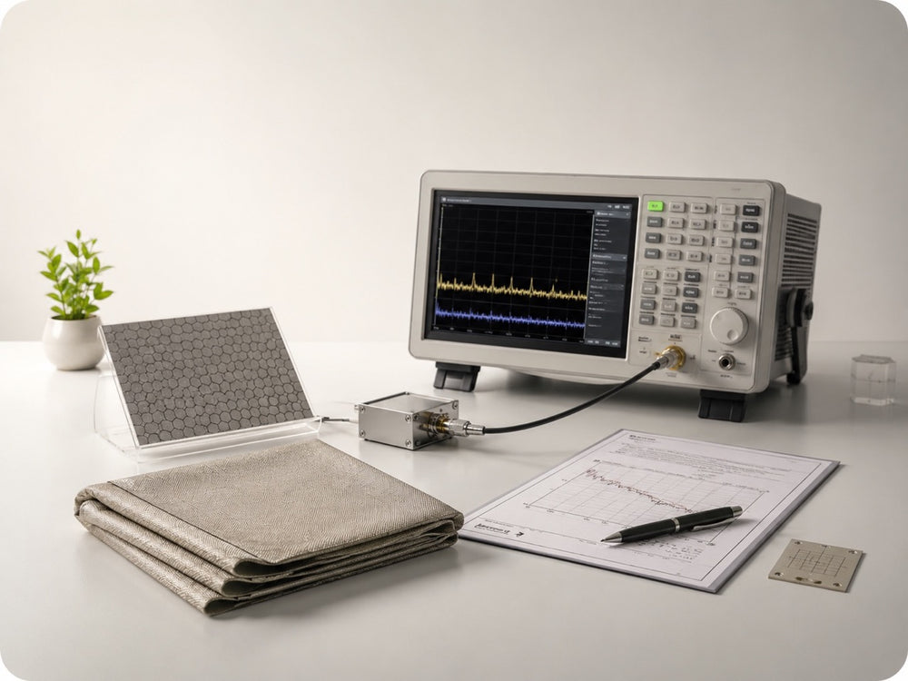 Laboratory-style EMF product testing and material verification setup