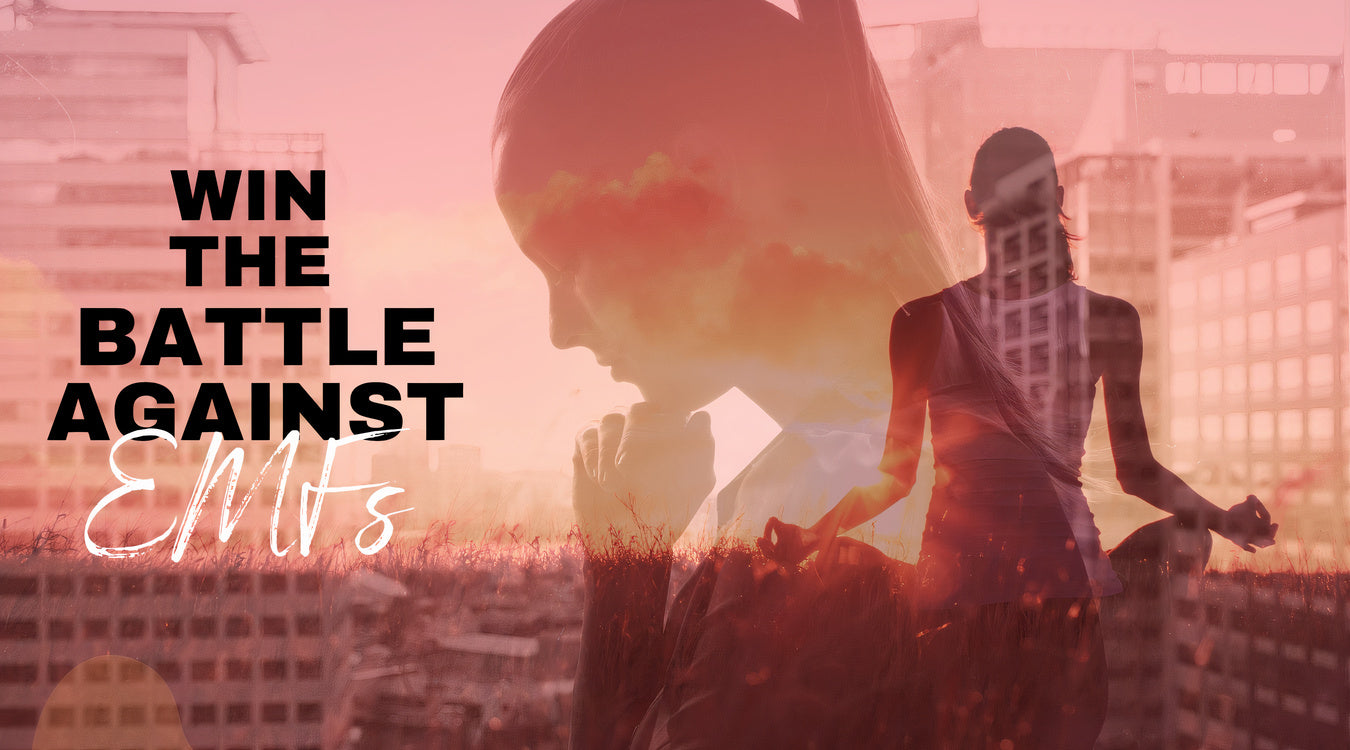 Image of a girl in a meditation pose with the text 'win the battle against EMF' referencing EMF protection products