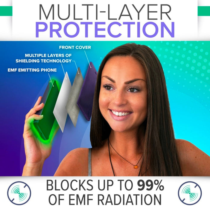 DefenderShield™ 5G Blocking iPhone 14 EMF Phone Case being used by a women