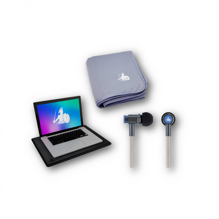 blanket, air-tube earphones and laptop pad