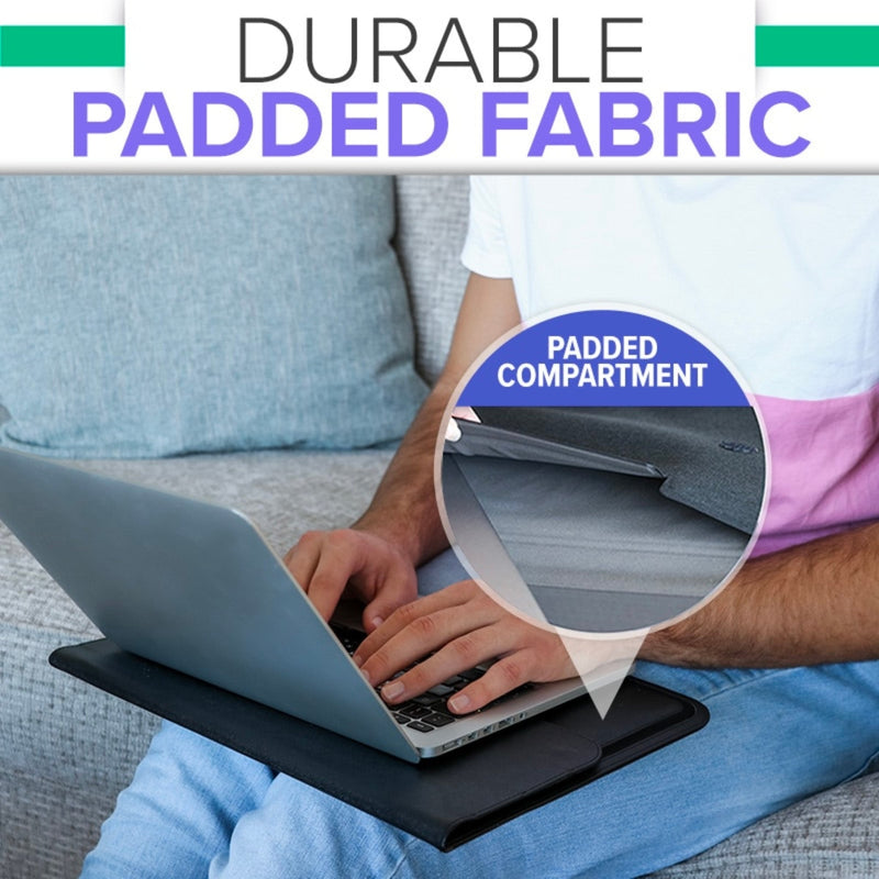 Girl using DefenderShield® Cybersecurity RFID EMF Protection Laptop Sleeve on a sofa