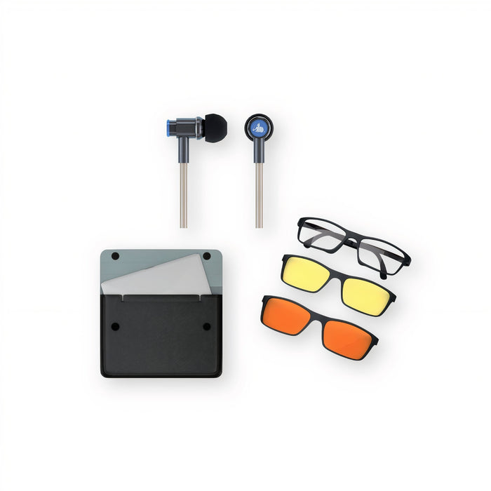 Air-Tube Headphones, blue light blocking glasses and laptop sleeve