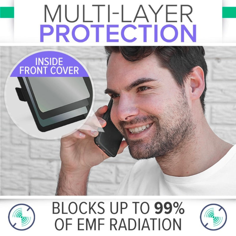 DefenderShield SlimFlip® iPhone 13 Series 5G EMF Phone Case showing multi-layer protective layers