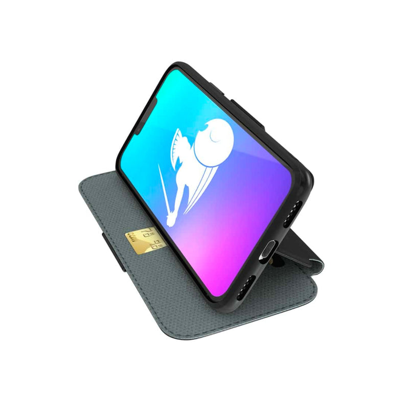 DefenderShield SlimFlip® iPhone 13 Series 5G EMF Phone Case stood up so it can viewed on a desk