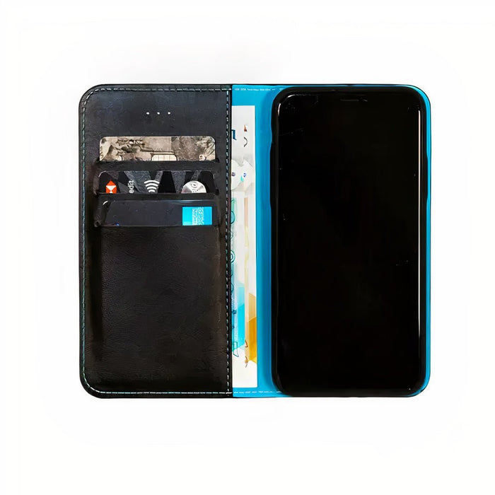 blue colour EMF Phone Case open with cards and phone in it